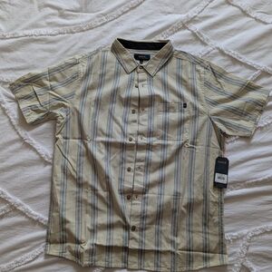 Roark Men's Beige and Blue Vertical Stripe Short-Sleeve Button-Down Shirt